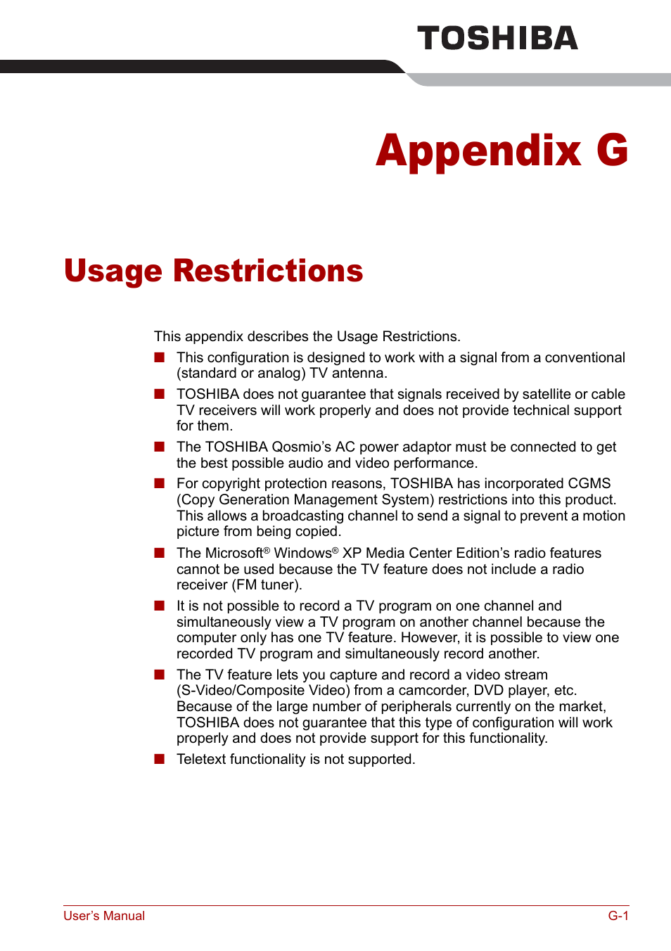 Appendix g - usage restrictions, Appendix g, Usage restrictions | Toshiba Qosmio G30 HD-DVD (PQG31) User Manual | Page 249 / 272