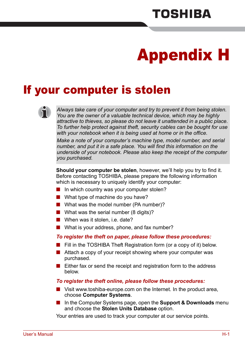 Appendix h - if your computer is stolen, Appendix h, If your computer is stolen | Toshiba Qosmio G30 HD-DVD (PQG31) User Manual | Page 251 / 272