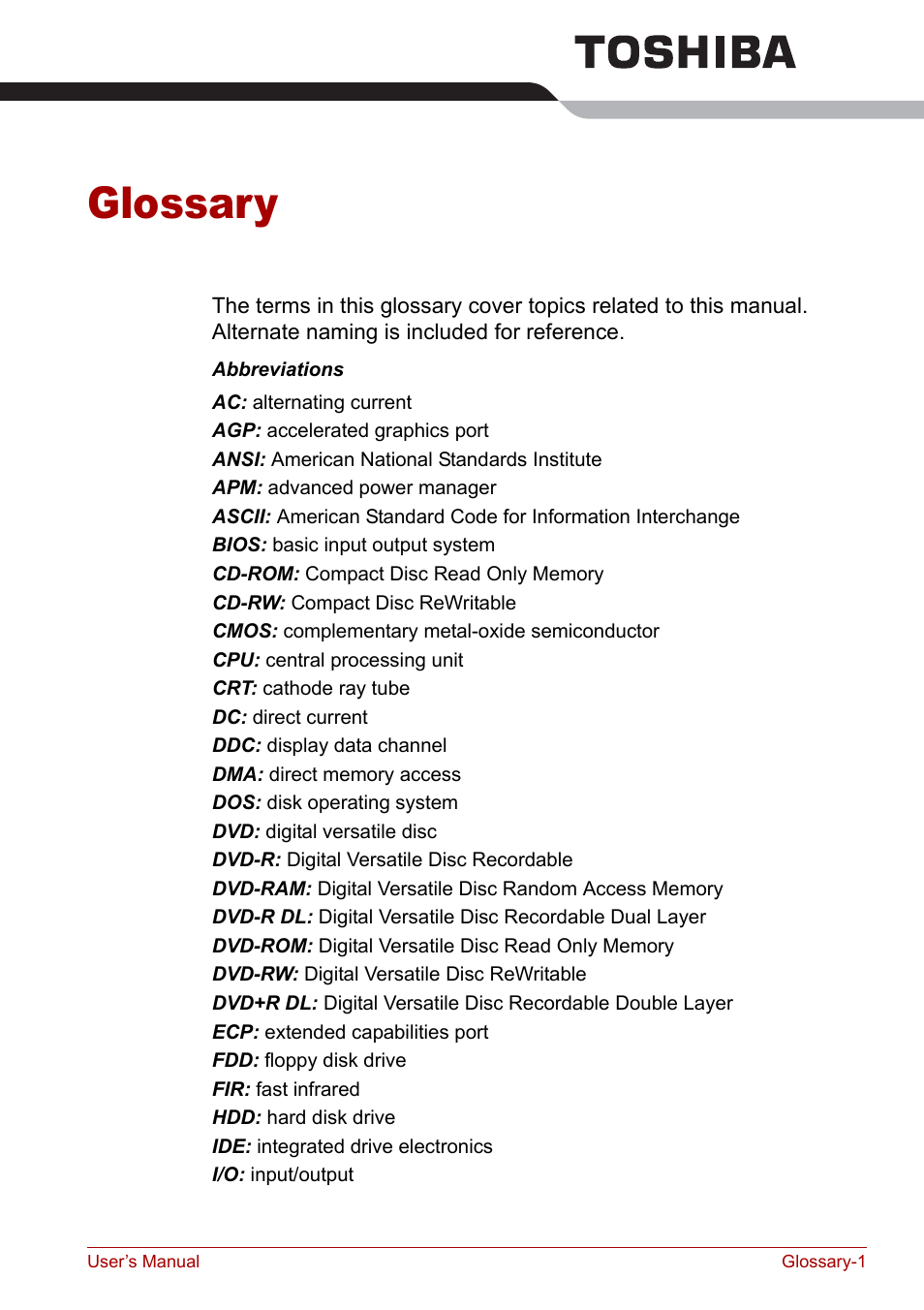 Glossary | Toshiba Qosmio G30 HD-DVD (PQG31) User Manual | Page 253 / 272