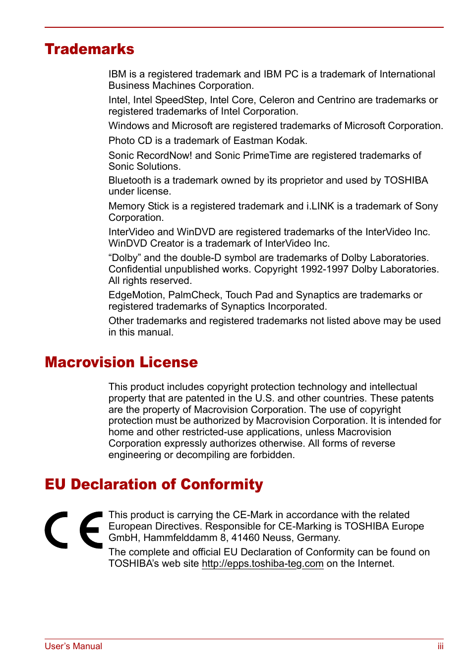 Trademarks, Macrovision license, Eu declaration of conformity | Toshiba Qosmio G30 HD-DVD (PQG31) User Manual | Page 3 / 272