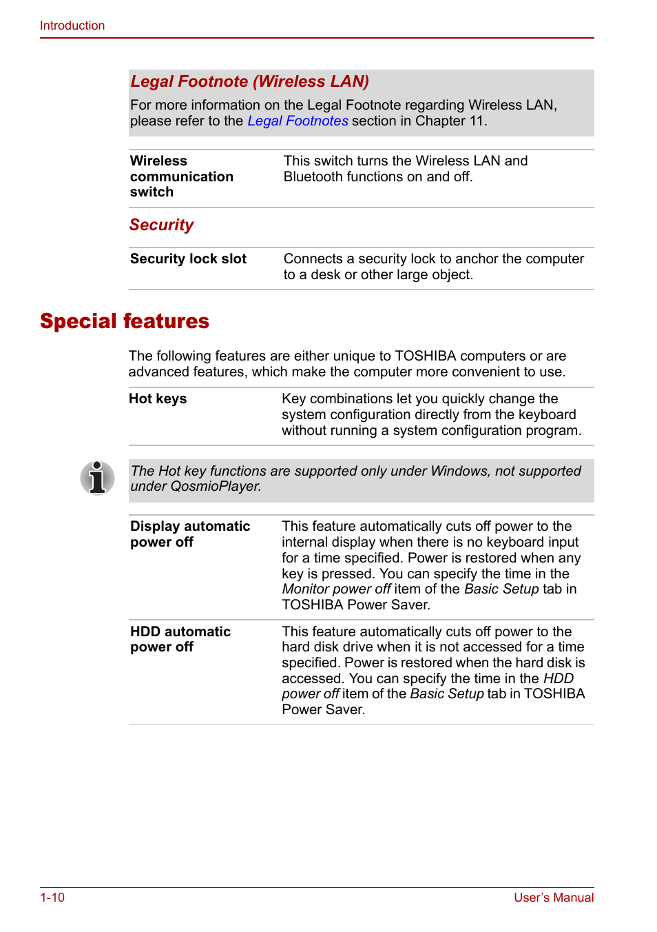 Special features, Special features -10 | Toshiba Qosmio G30 HD-DVD (PQG31) User Manual | Page 30 / 272