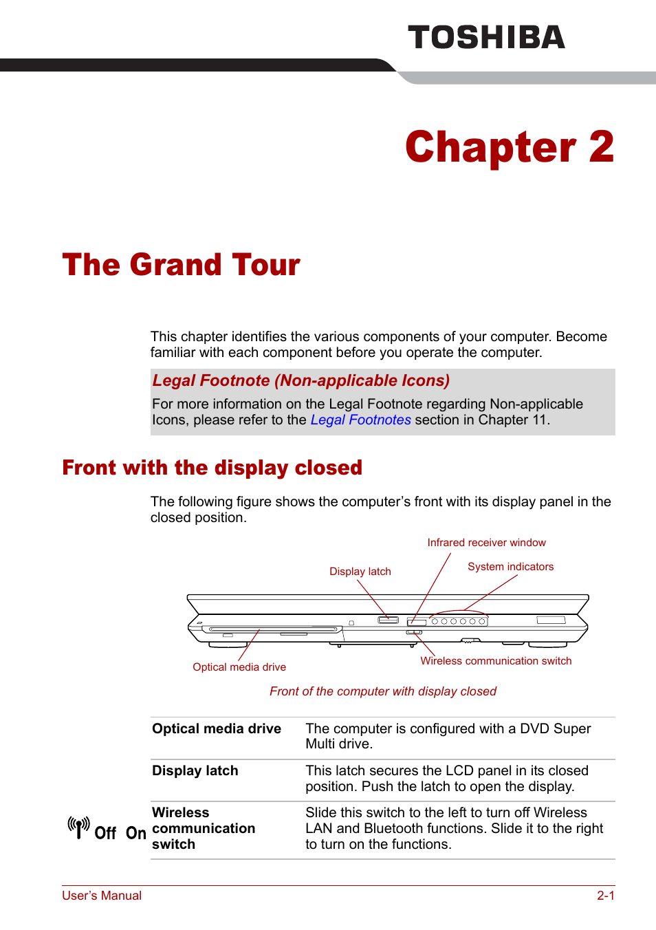 Chapter 2 - the grand tour, Front with the display closed, Chapter 2 | The grand tour, Front with the display closed -1 | Toshiba Qosmio G30 HD-DVD (PQG31) User Manual | Page 37 / 272