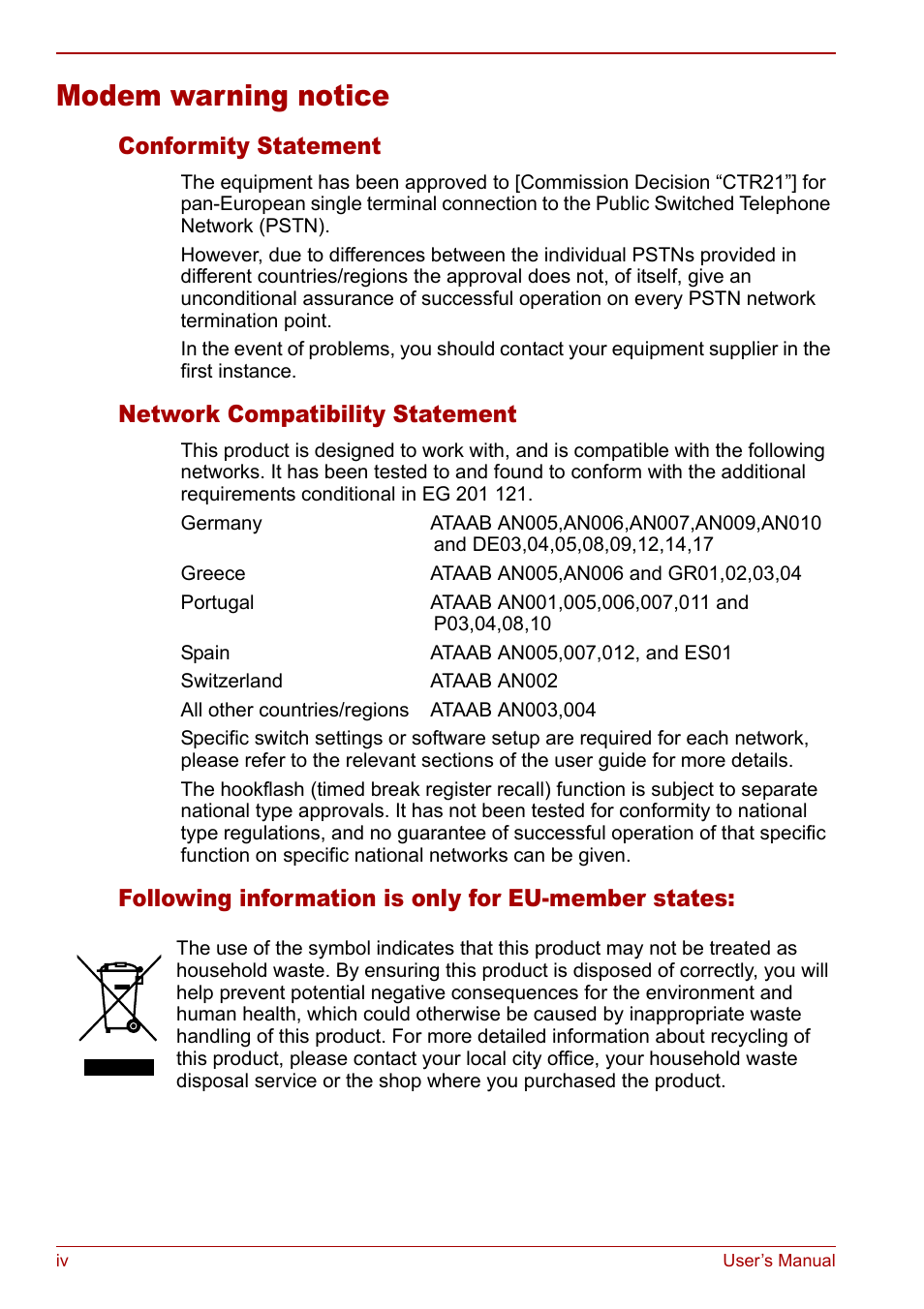 Modem warning notice, Conformity statement, Network compatibility statement | Following information is only for eu-member states | Toshiba Qosmio G30 HD-DVD (PQG31) User Manual | Page 4 / 272