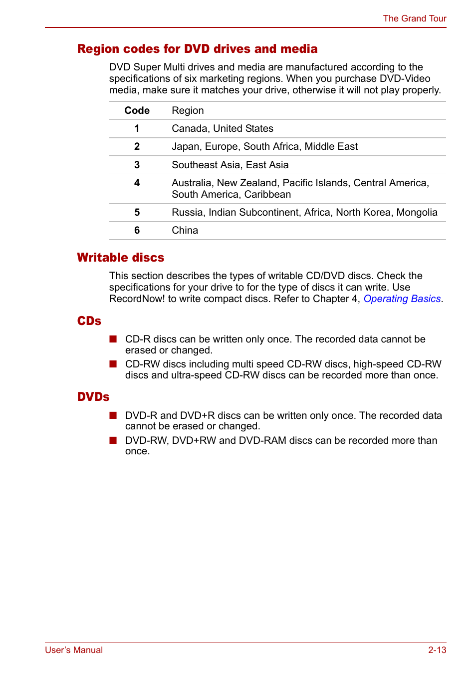 Region codes for dvd drives and media, Writable discs, Dvds | Toshiba Qosmio G30 HD-DVD (PQG31) User Manual | Page 49 / 272