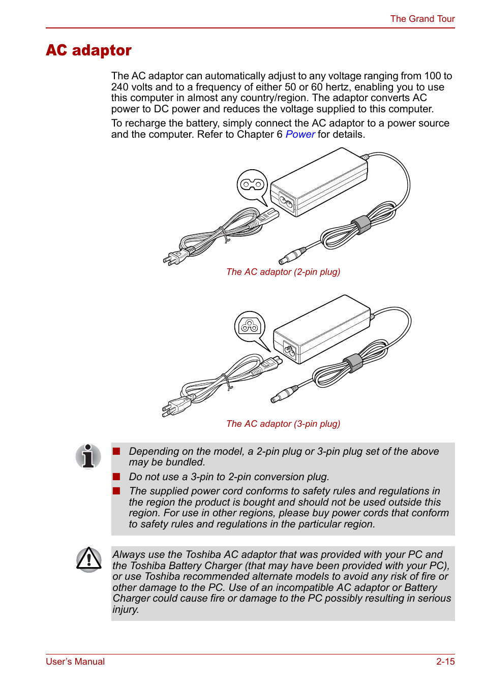 Ac adaptor, Ac adaptor -15, Section in | Toshiba Qosmio G30 HD-DVD (PQG31) User Manual | Page 51 / 272
