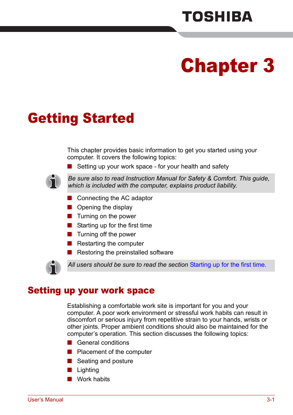 Chapter 3 - getting started, Setting up your work space, Chapter 3 | Getting started, Setting up your work space -1 | Toshiba Qosmio G30 HD-DVD (PQG31) User Manual | Page 53 / 272
