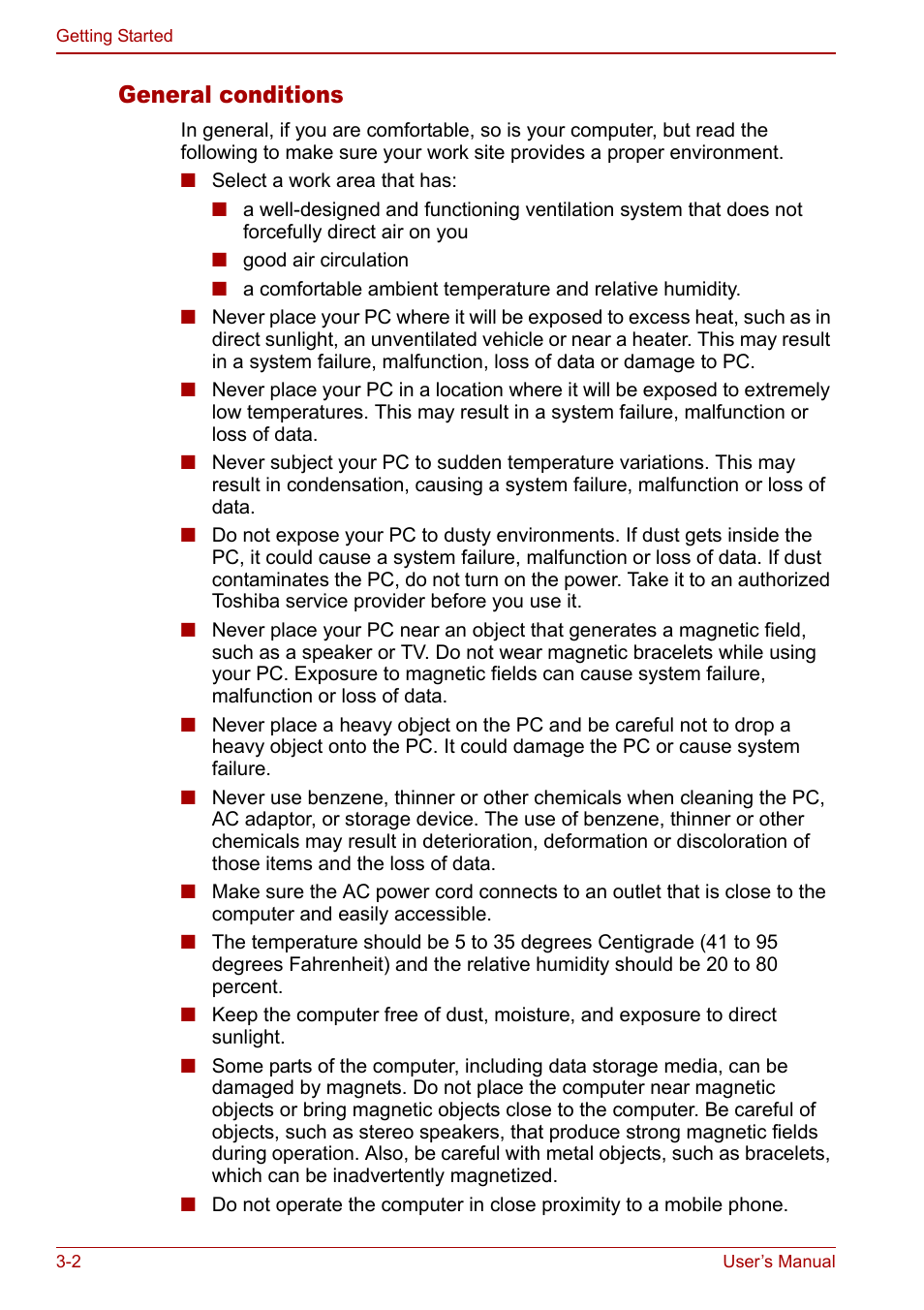 General conditions | Toshiba Qosmio G30 HD-DVD (PQG31) User Manual | Page 54 / 272