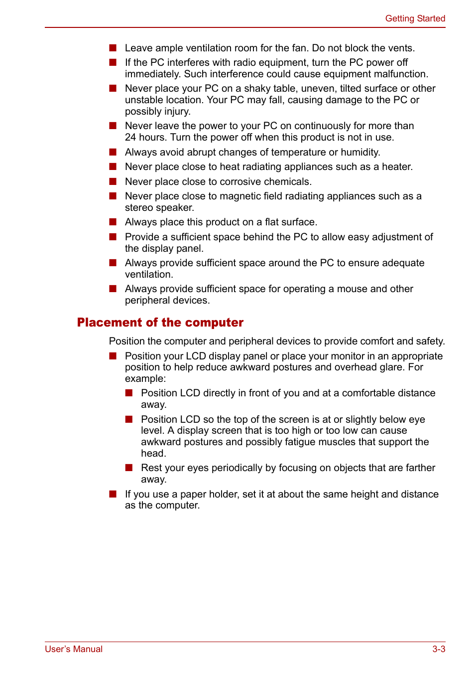 Placement of the computer | Toshiba Qosmio G30 HD-DVD (PQG31) User Manual | Page 55 / 272