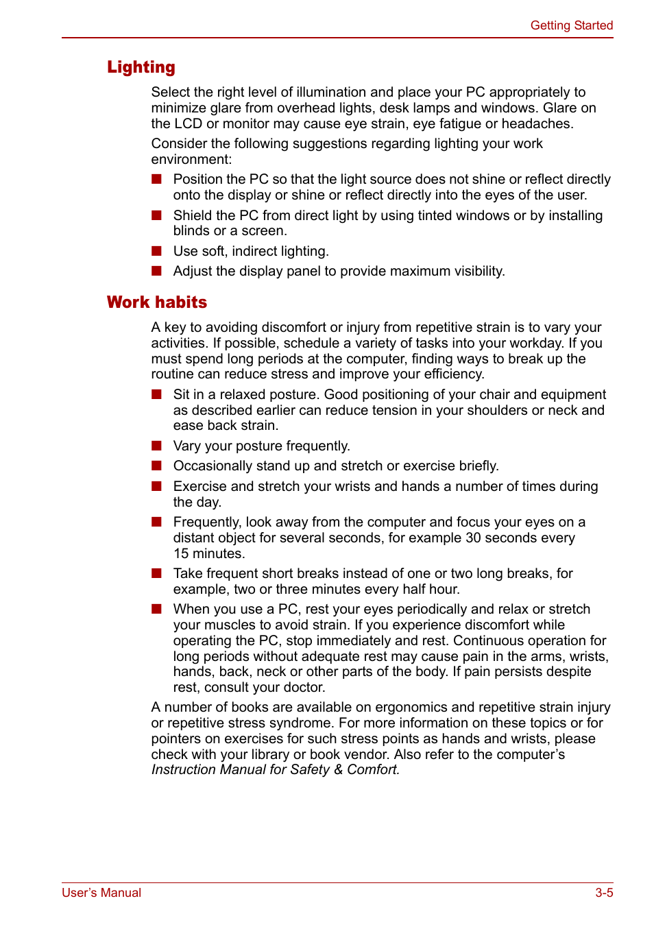 Lighting, Work habits | Toshiba Qosmio G30 HD-DVD (PQG31) User Manual | Page 57 / 272