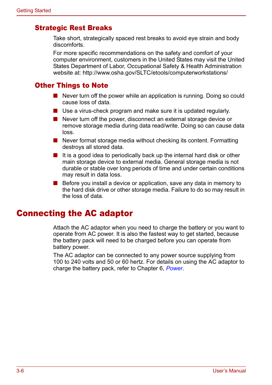Connecting the ac adaptor, Connecting the ac adaptor -6, Strategic rest breaks | Toshiba Qosmio G30 HD-DVD (PQG31) User Manual | Page 58 / 272