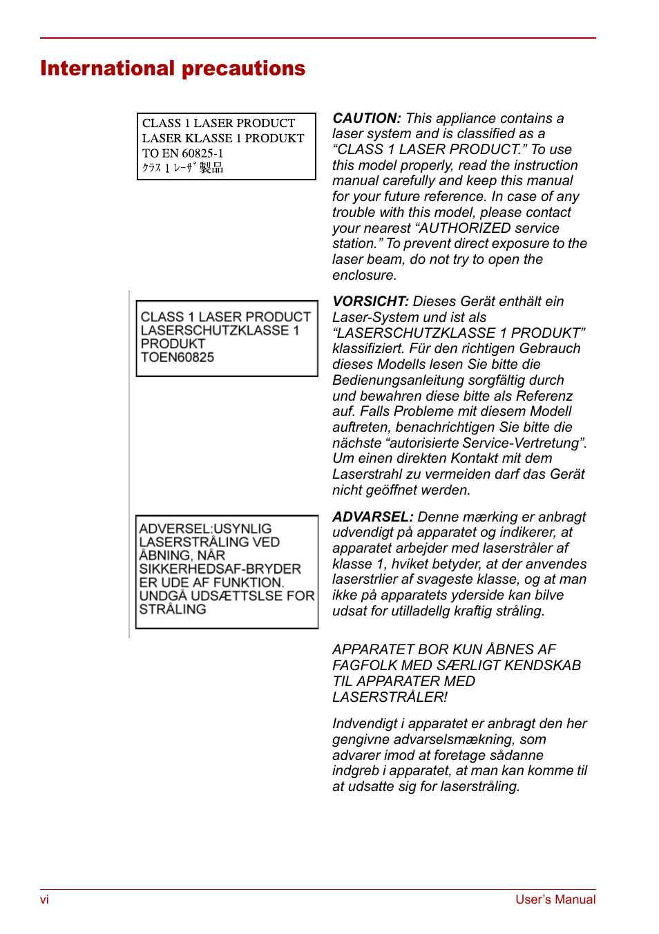 International precautions | Toshiba Qosmio G30 HD-DVD (PQG31) User Manual | Page 6 / 272