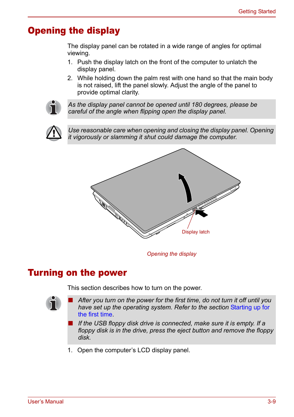 Opening the display, Turning on the power, Opening the display -9 turning on the power -9 | Toshiba Qosmio G30 HD-DVD (PQG31) User Manual | Page 61 / 272