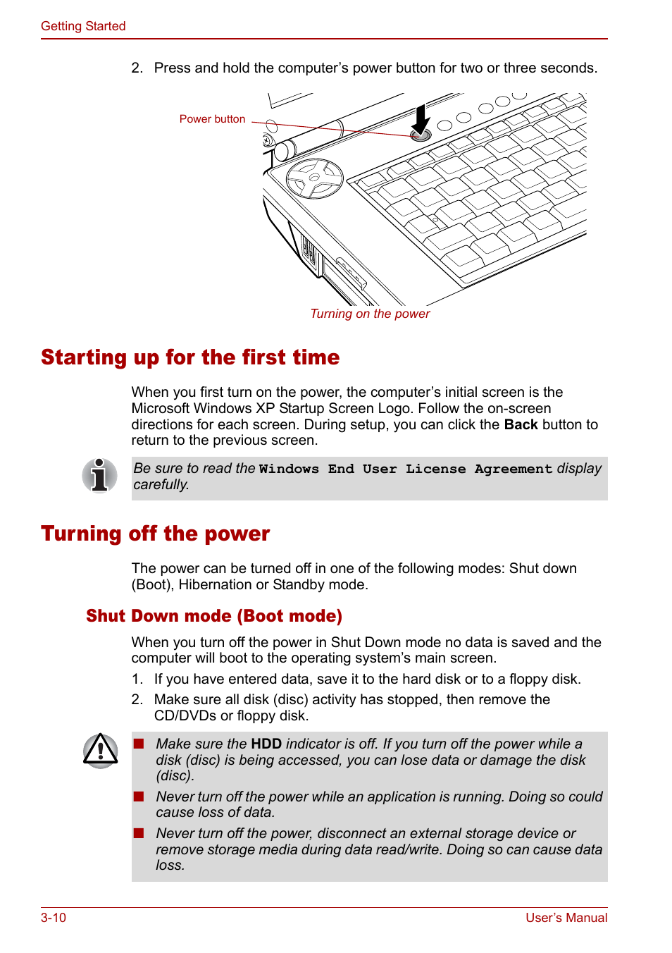 Starting up for the first time, Turning off the power, Starting up for | The first time, Shut down mode (boot mode) | Toshiba Qosmio G30 HD-DVD (PQG31) User Manual | Page 62 / 272