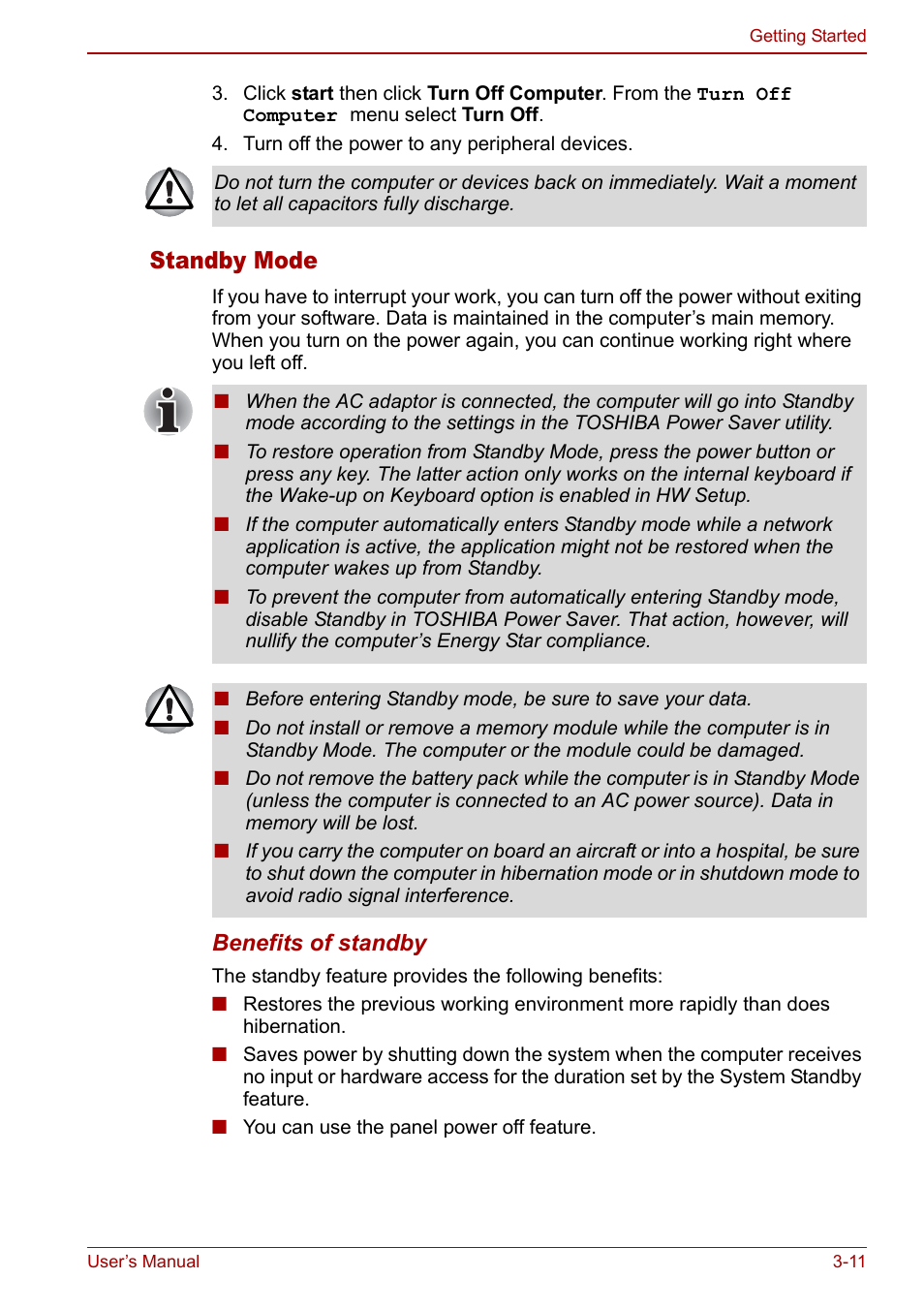 Standby mode | Toshiba Qosmio G30 HD-DVD (PQG31) User Manual | Page 63 / 272