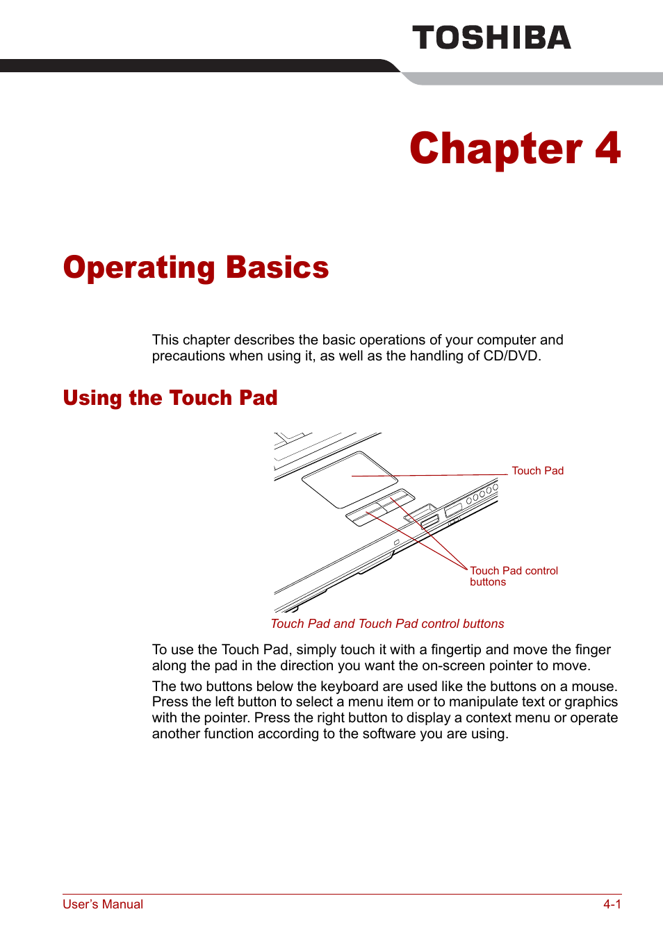 Chapter 4 - operating basics, Using the touch pad, Chapter 4 | Operating basics, Using the touch pad -1, Using, The touch pad, Operating, Basics | Toshiba Qosmio G30 HD-DVD (PQG31) User Manual | Page 69 / 272