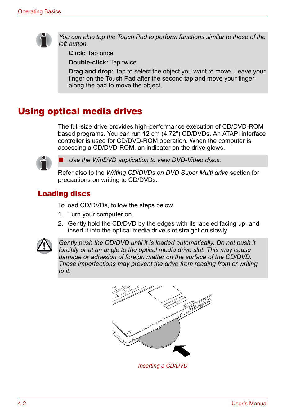 Using optical media drives, Using optical media drives -2, Loading discs | Toshiba Qosmio G30 HD-DVD (PQG31) User Manual | Page 70 / 272
