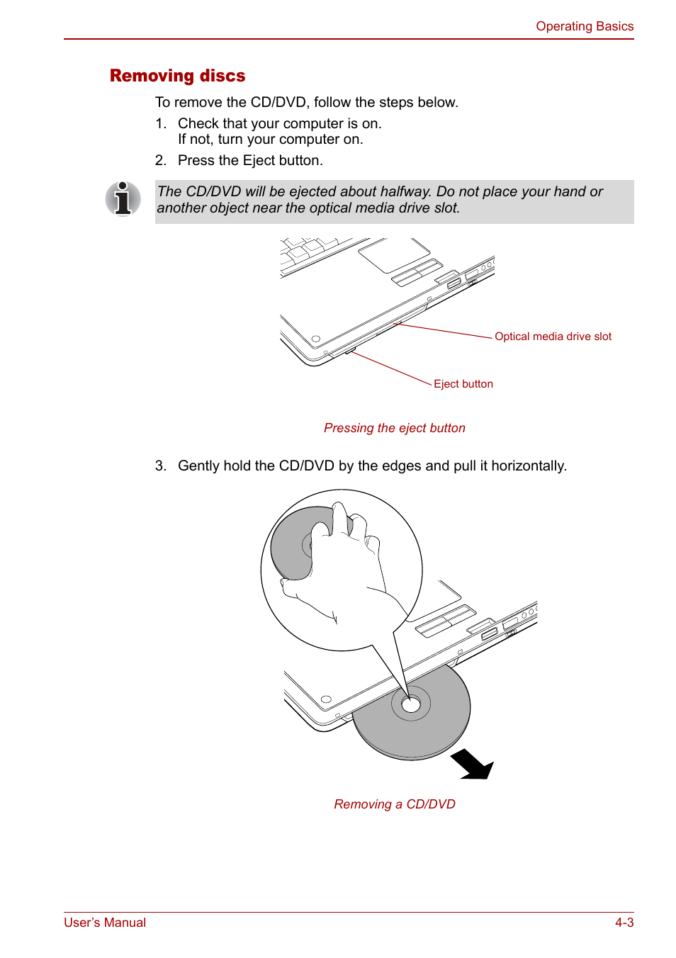 Removing discs | Toshiba Qosmio G30 HD-DVD (PQG31) User Manual | Page 71 / 272