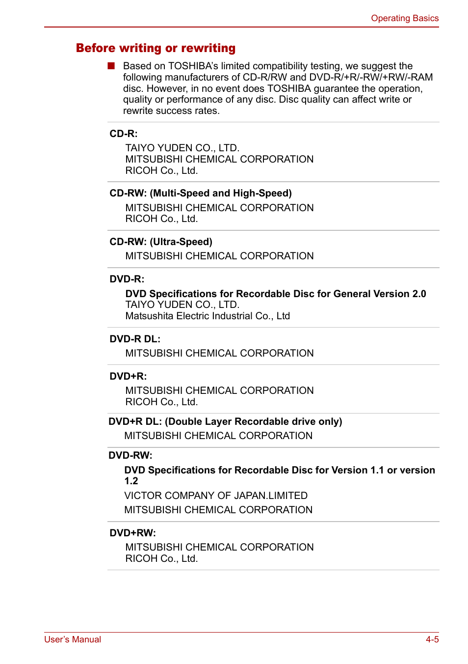 Before writing or rewriting | Toshiba Qosmio G30 HD-DVD (PQG31) User Manual | Page 73 / 272