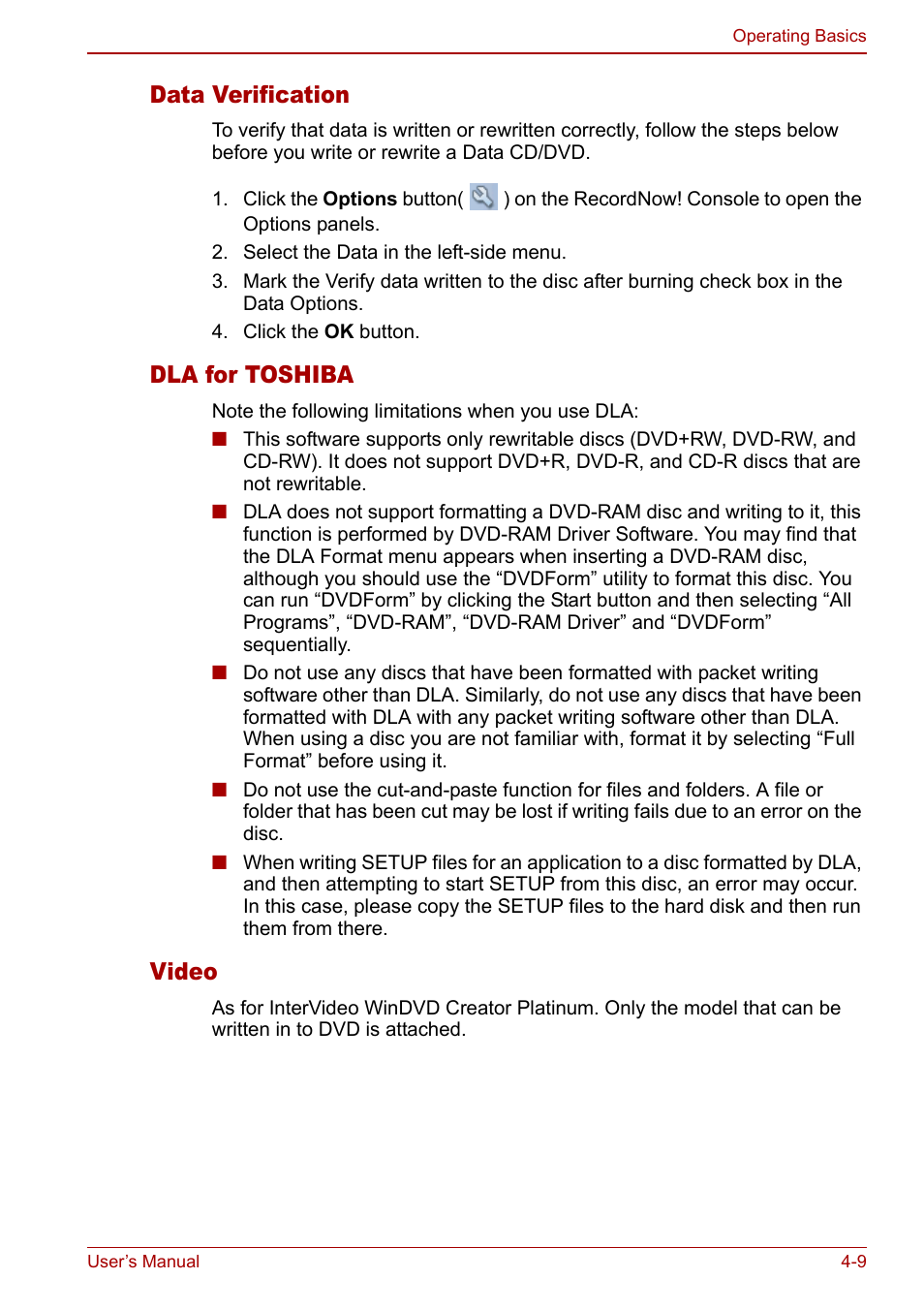 Data verification, Dla for toshiba, Video | Toshiba Qosmio G30 HD-DVD (PQG31) User Manual | Page 77 / 272