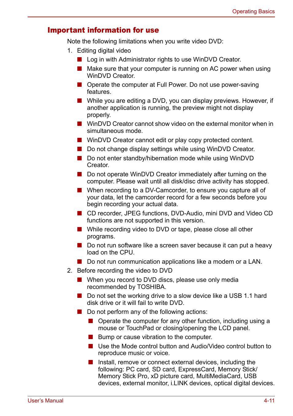 Important information for use | Toshiba Qosmio G30 HD-DVD (PQG31) User Manual | Page 79 / 272