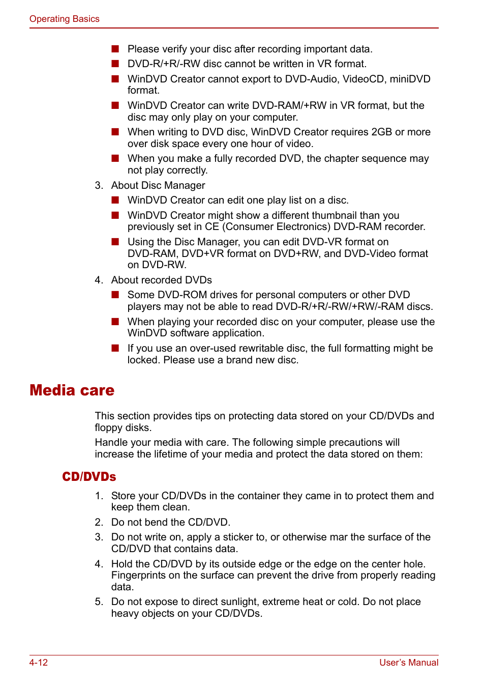 Media care, Media care -12, Cd/dvds | Toshiba Qosmio G30 HD-DVD (PQG31) User Manual | Page 80 / 272