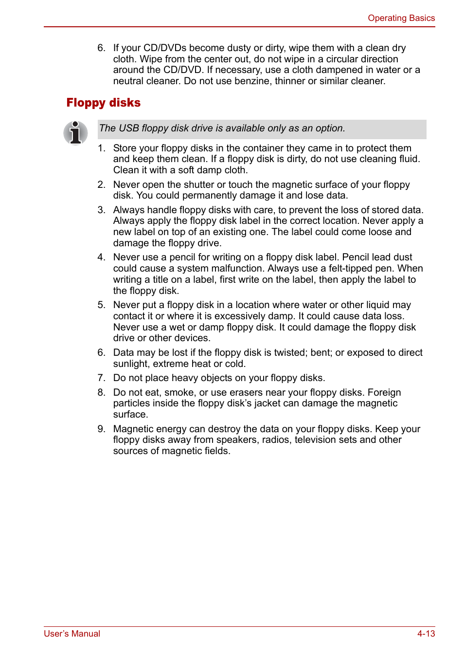 Floppy disks | Toshiba Qosmio G30 HD-DVD (PQG31) User Manual | Page 81 / 272