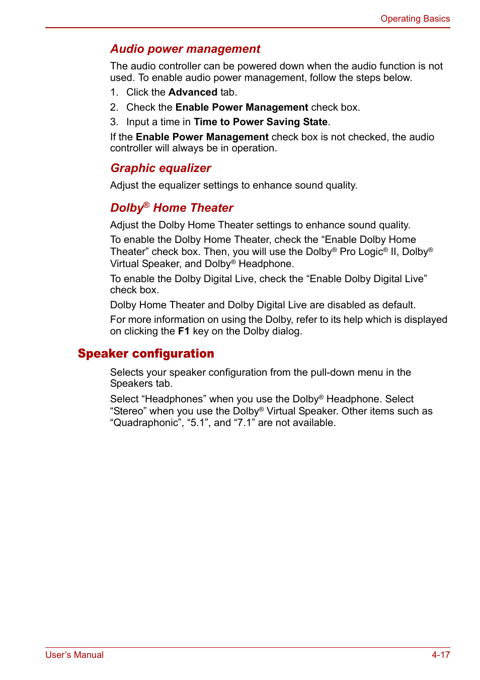 Speaker configuration, Audio power management, Graphic equalizer | Dolby, Home theater | Toshiba Qosmio G30 HD-DVD (PQG31) User Manual | Page 85 / 272