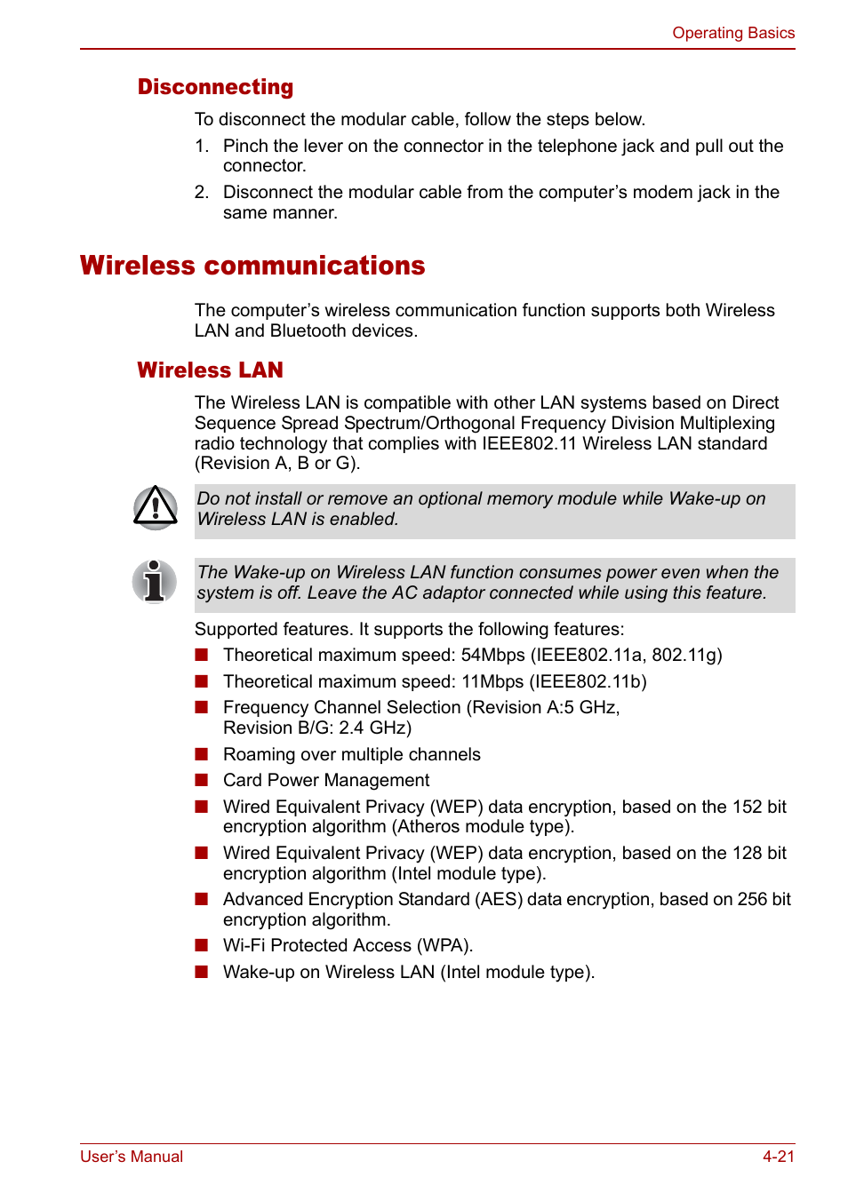 Wireless communications, Wireless communications -21, Disconnecting | Wireless lan | Toshiba Qosmio G30 HD-DVD (PQG31) User Manual | Page 89 / 272