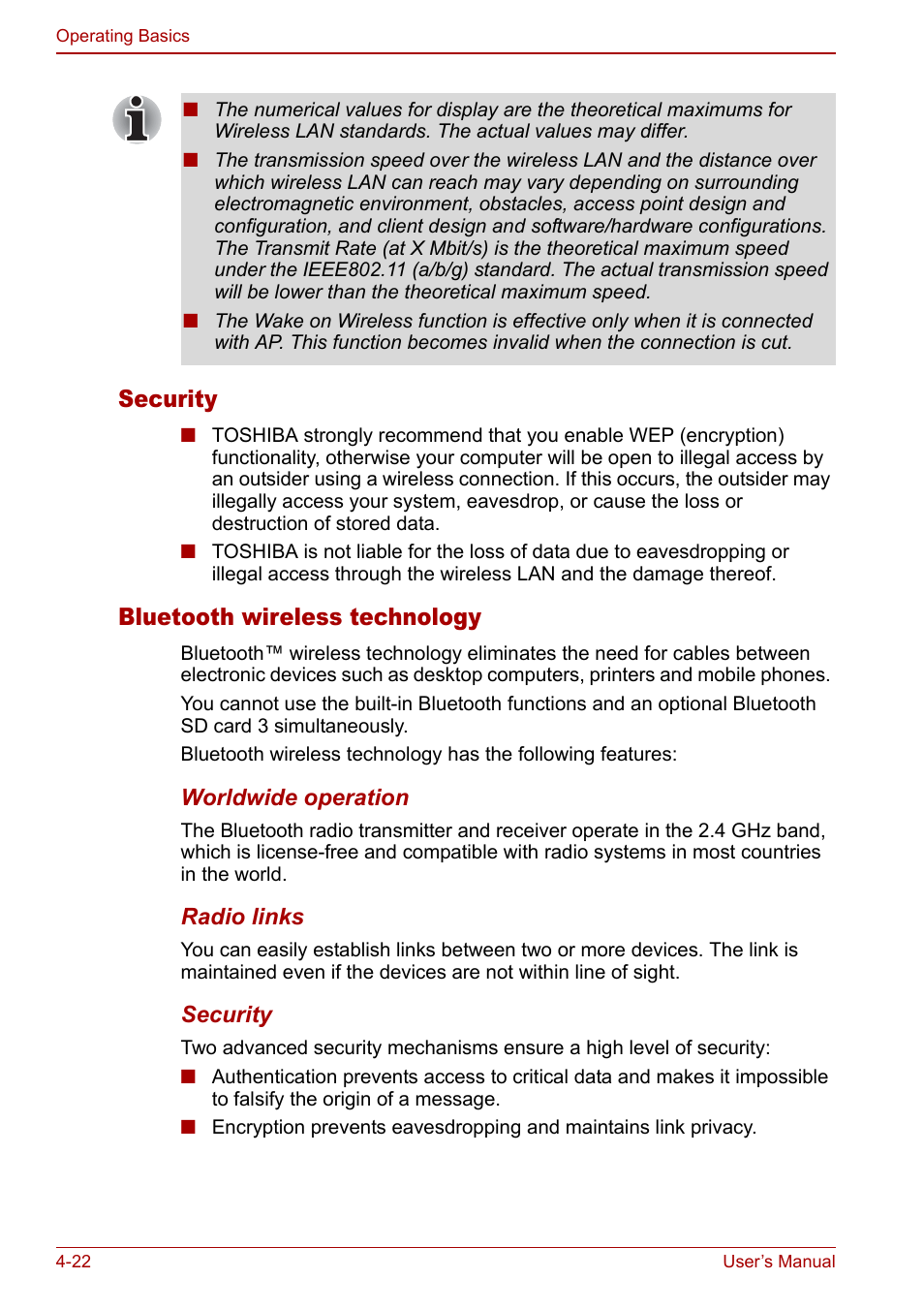 Security, Bluetooth wireless technology | Toshiba Qosmio G30 HD-DVD (PQG31) User Manual | Page 90 / 272