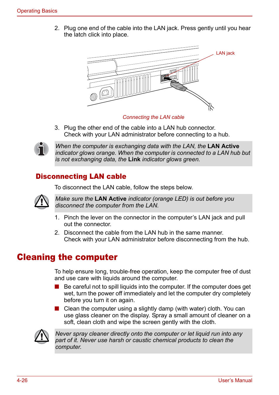 Cleaning the computer, Cleaning the computer -26, Disconnecting lan cable | Toshiba Qosmio G30 HD-DVD (PQG31) User Manual | Page 94 / 272