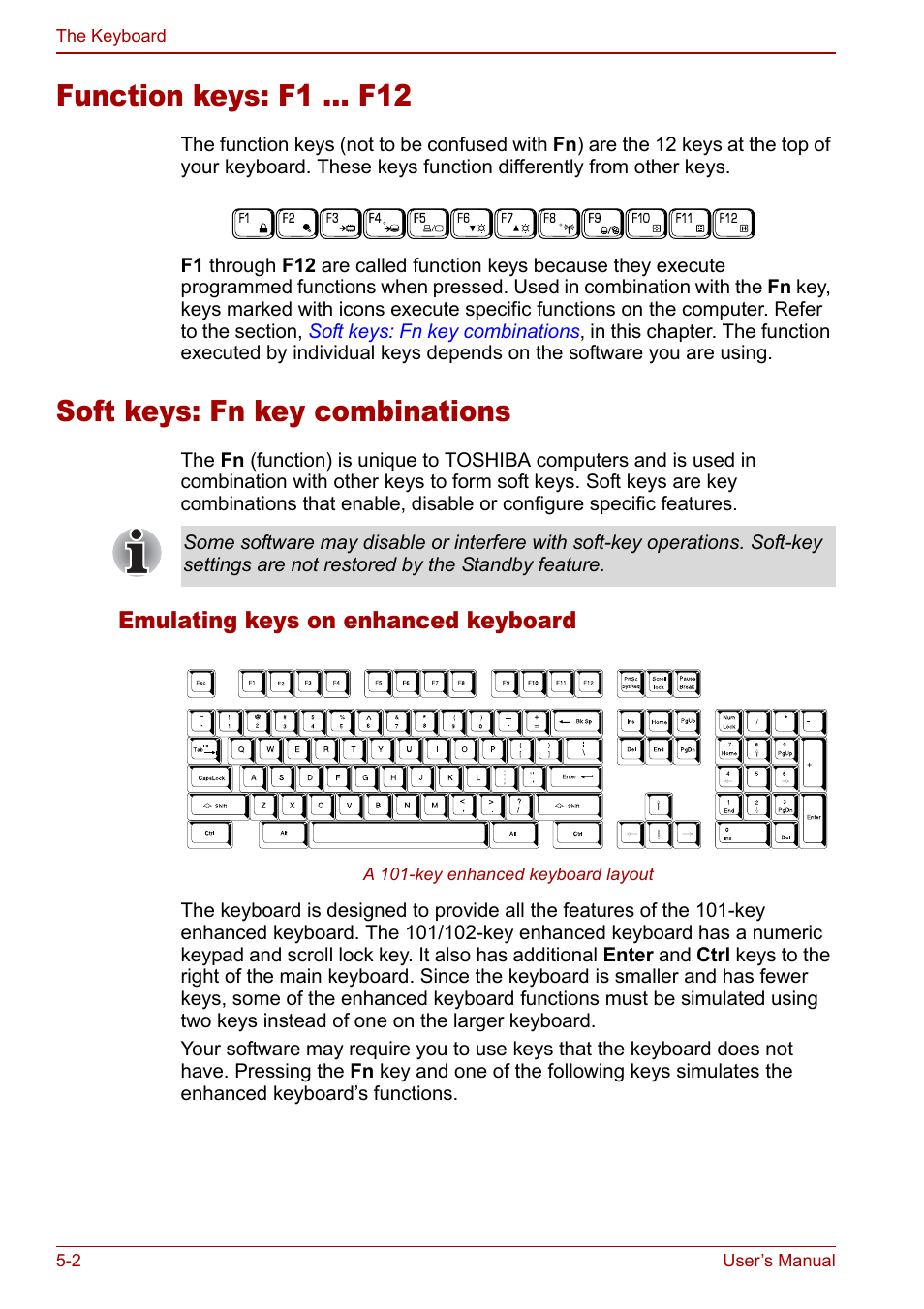 Function keys: f1 … f12, Soft keys: fn key combinations | Toshiba Qosmio G30 HD-DVD (PQG31) User Manual | Page 98 / 272