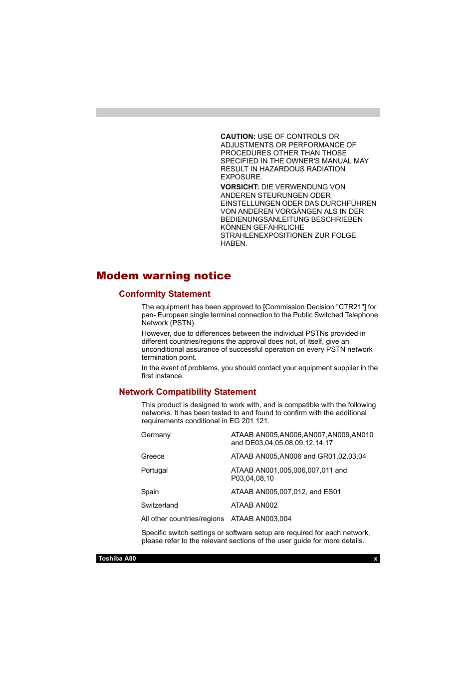 Modem warning notice | Toshiba Equium A80 User Manual | Page 10 / 176