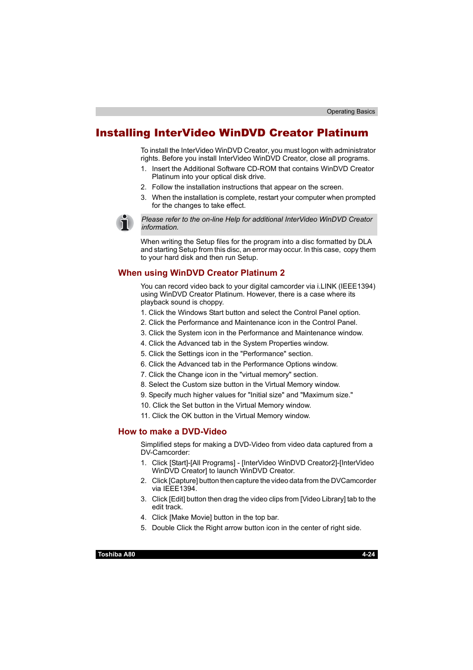 Installing intervideo windvd creator platinum, Installing intervideo windvd creator platinum -24 | Toshiba Equium A80 User Manual | Page 101 / 176