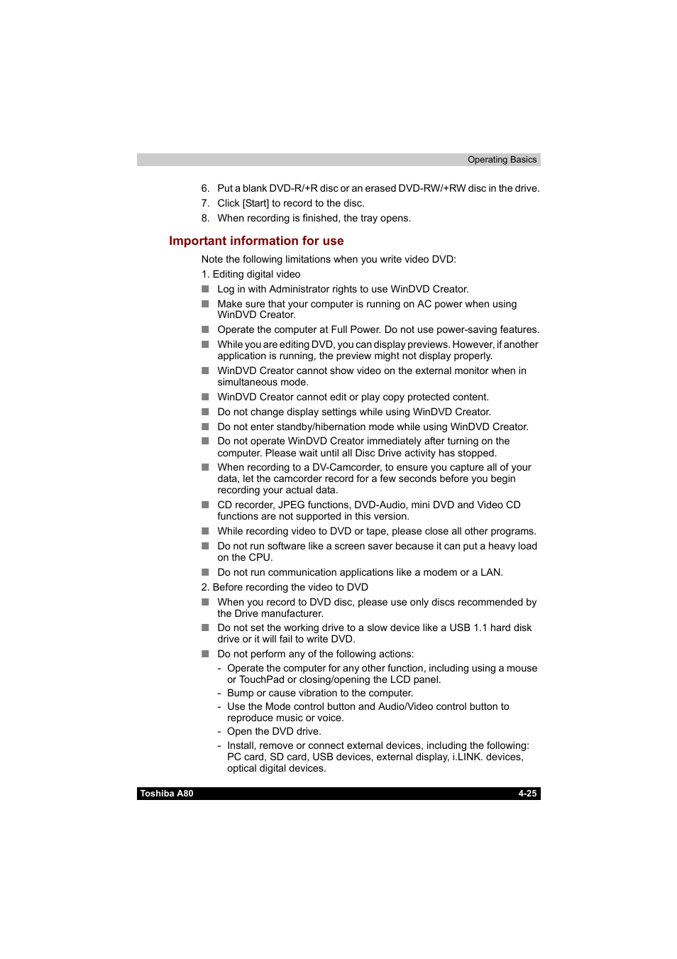 Important information for use -25 | Toshiba Equium A80 User Manual | Page 102 / 176