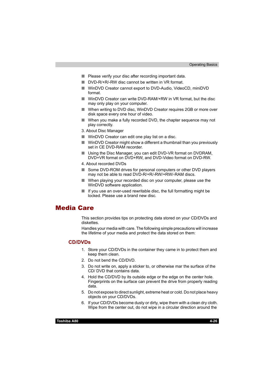 Media care, Media care -26, Cd/dvds -26 | Toshiba Equium A80 User Manual | Page 103 / 176