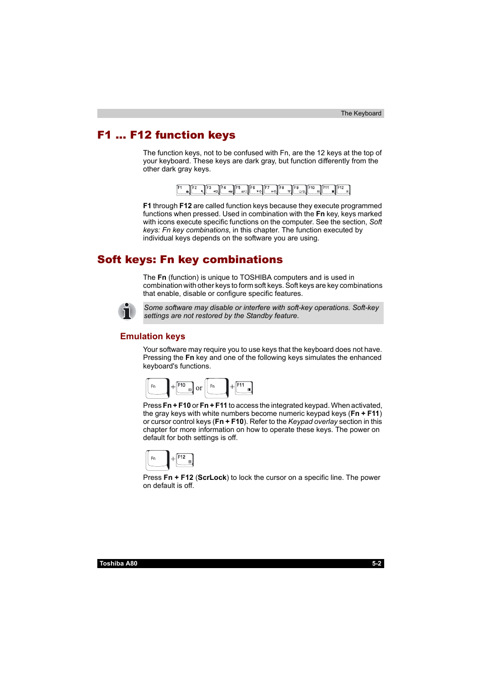 F1 ... f12 function keys, Soft keys: fn key combinations, Emulation keys -2 | Toshiba Equium A80 User Manual | Page 108 / 176