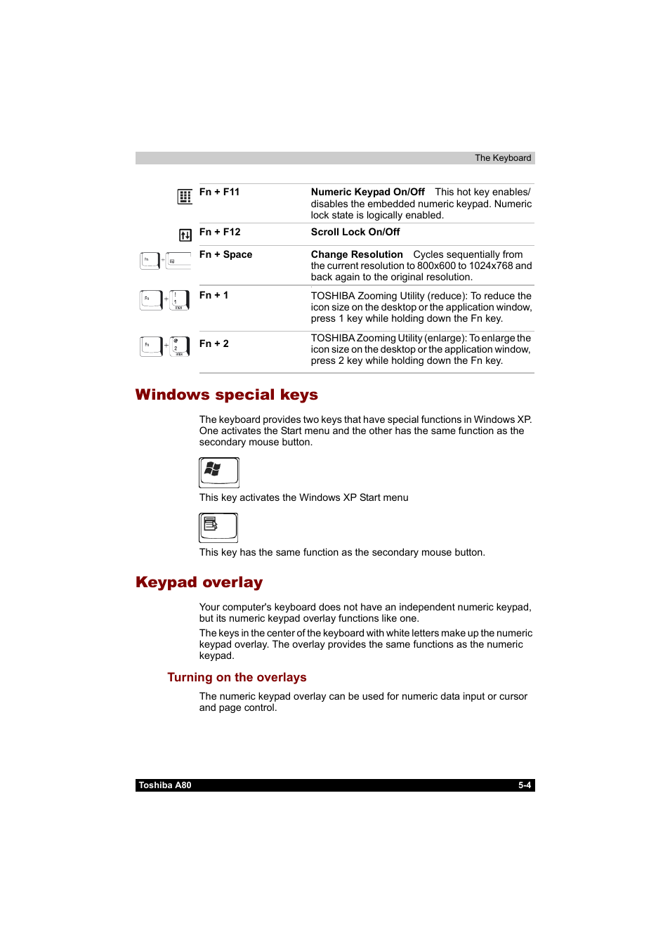 Windows special keys, Keypad overlay, Windows special keys -4 keypad overlay -4 | Turning on the overlays -4 | Toshiba Equium A80 User Manual | Page 110 / 176