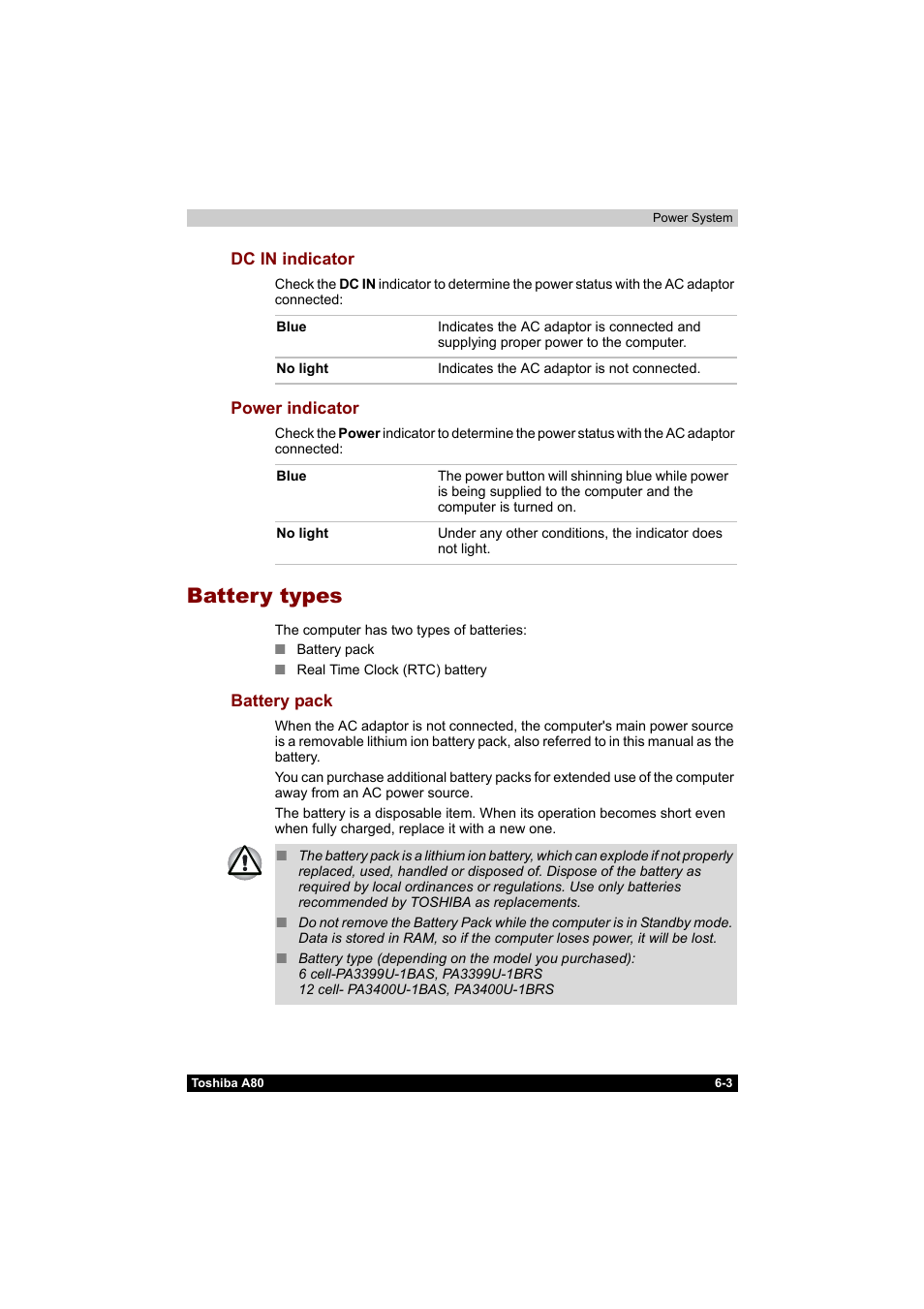Battery types, Dc in indicator -3 power indicator -3, Battery types -3 | Battery pack -3 | Toshiba Equium A80 User Manual | Page 115 / 176