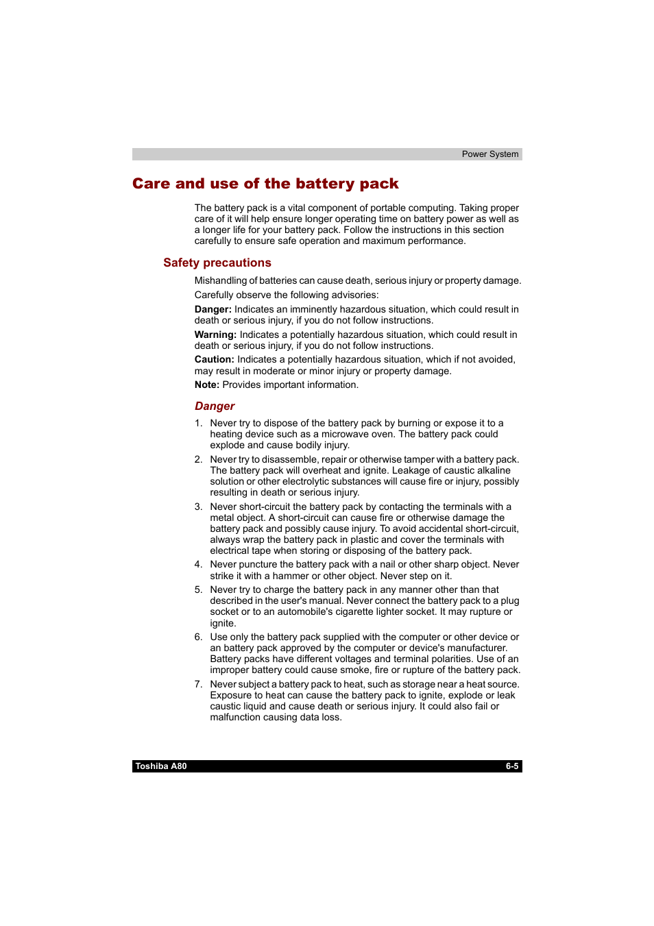 Care and use of the battery pack, Care and use of the battery pack -5, Safety precautions -5 | Toshiba Equium A80 User Manual | Page 117 / 176