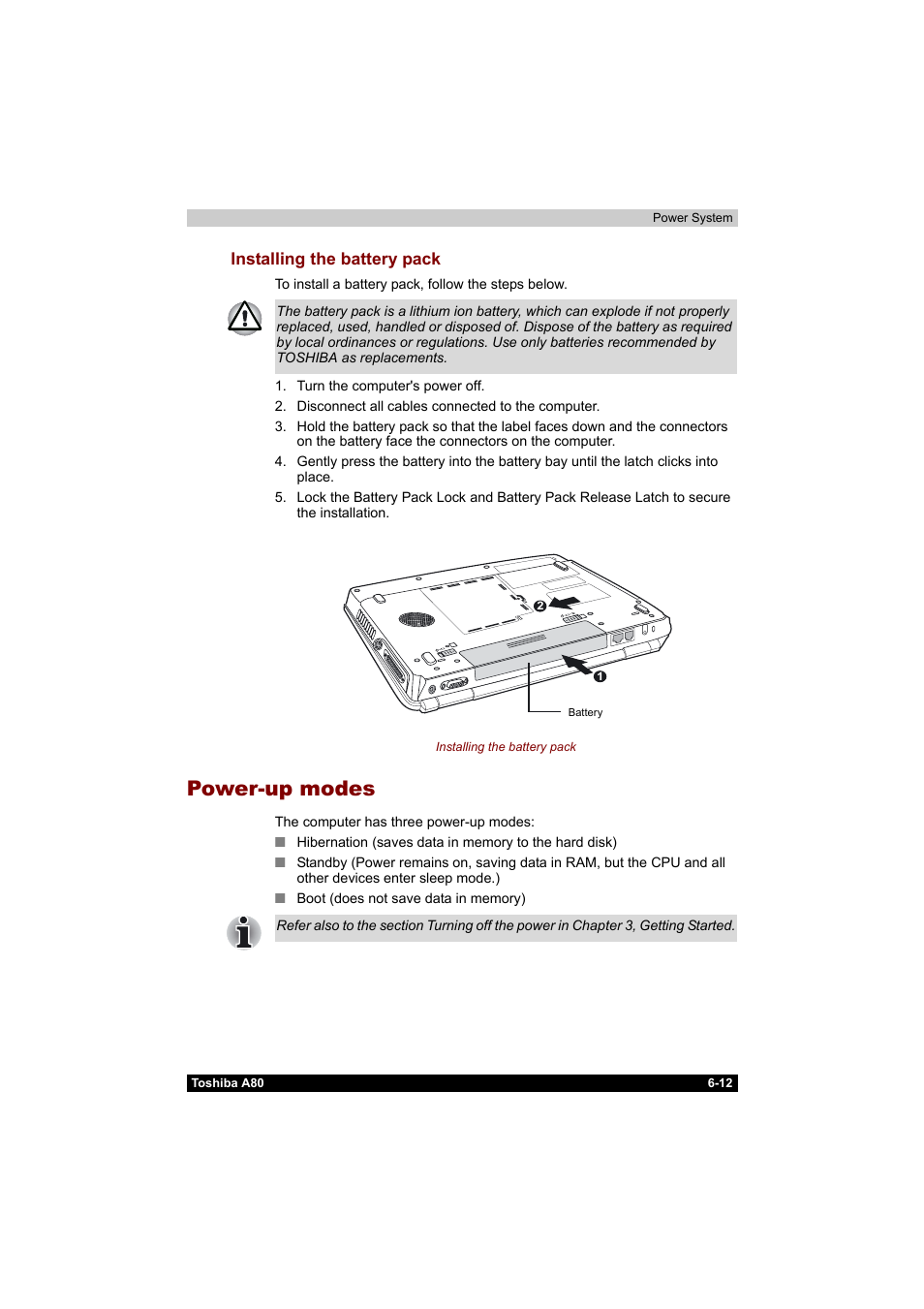 Power-up modes, Installing the battery pack -12, Power-up modes -12 | Installing the battery pack | Toshiba Equium A80 User Manual | Page 124 / 176