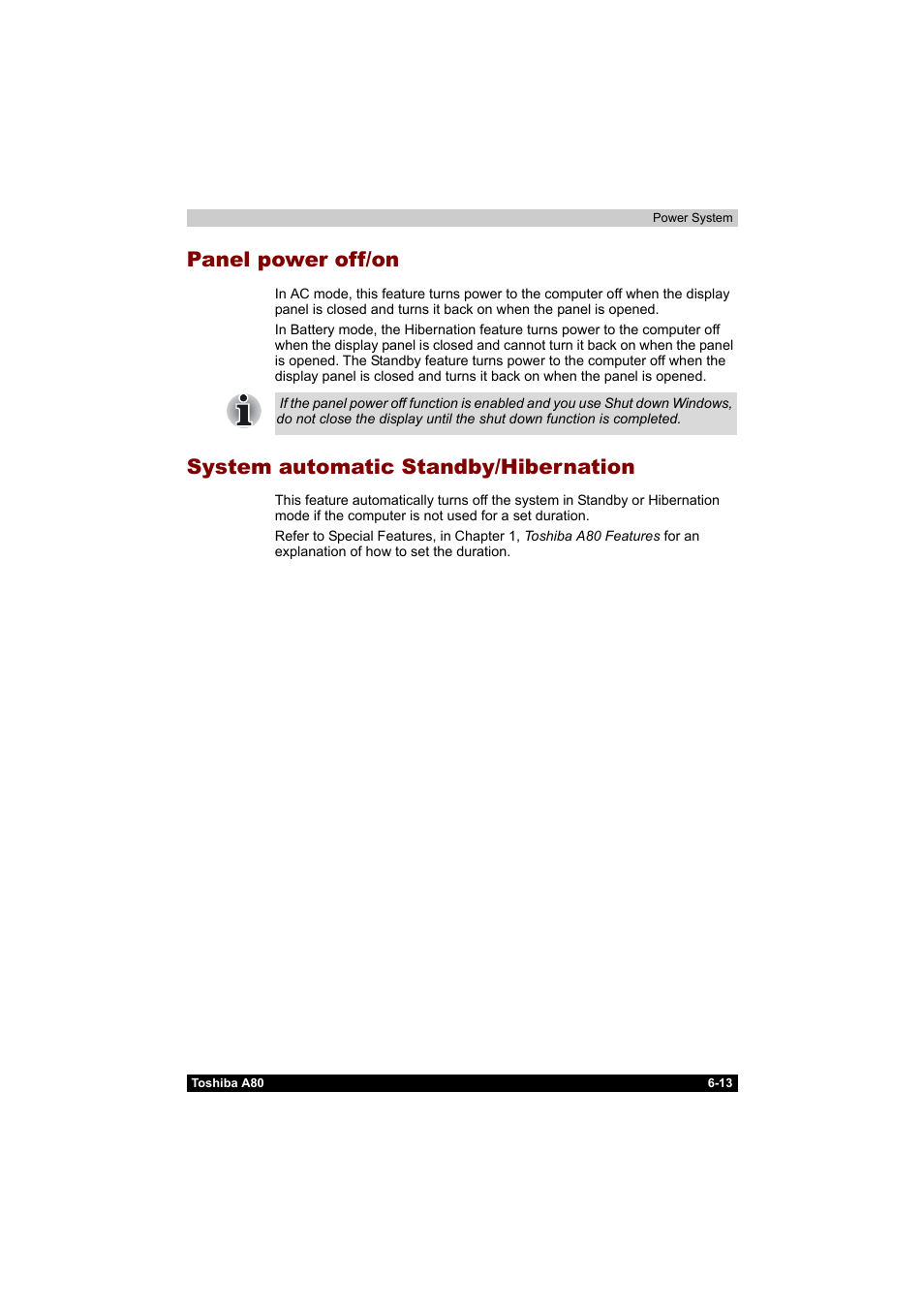 Panel power off/on, System automatic standby/hibernation | Toshiba Equium A80 User Manual | Page 125 / 176