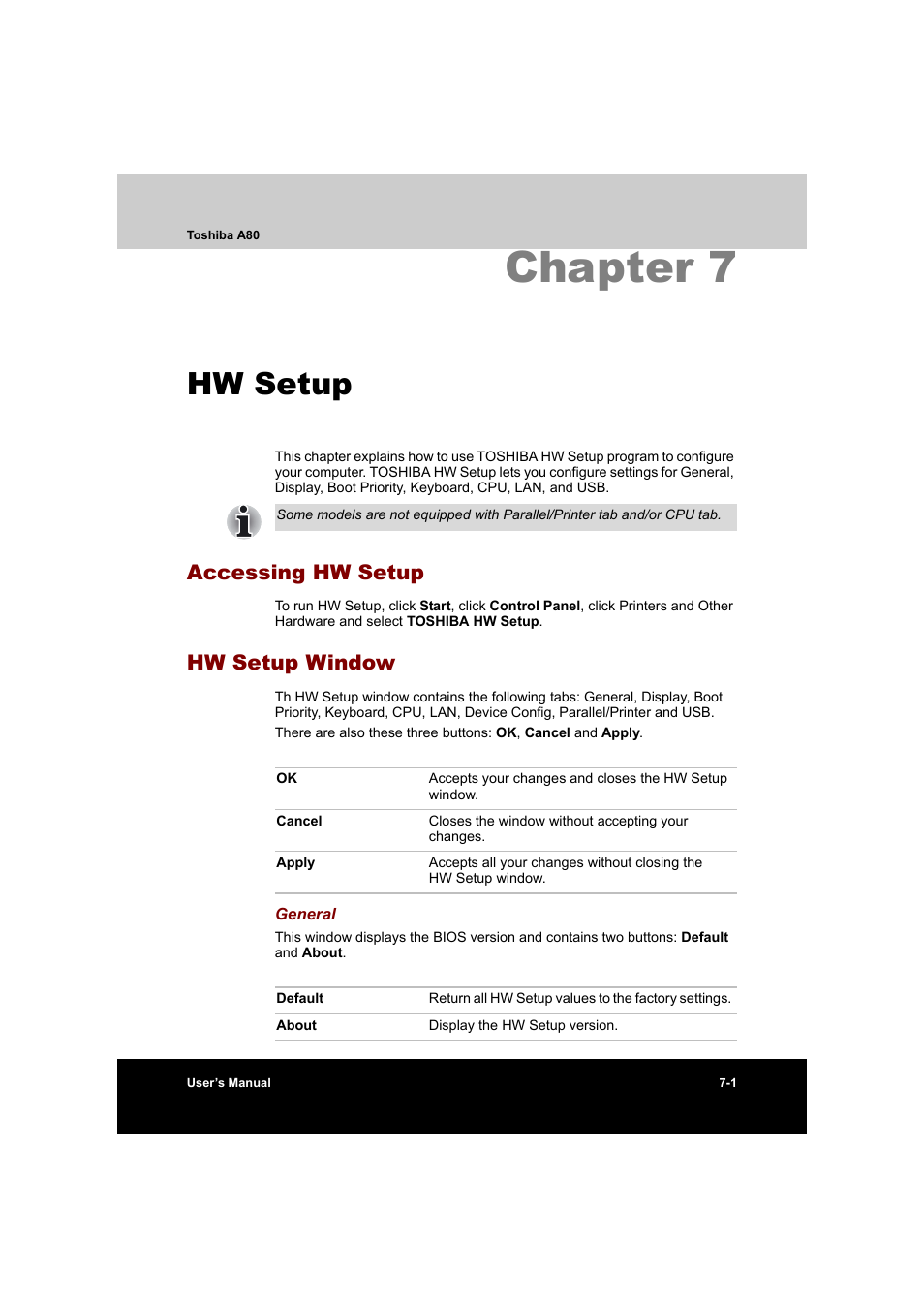 Chapter 7 hw setup, Accessing hw setup, Hw setup window | Chapter 7: hw setup, Accessing hw setup -1 hw setup window -1, Chapter 7, Hw setup | Toshiba Equium A80 User Manual | Page 126 / 176