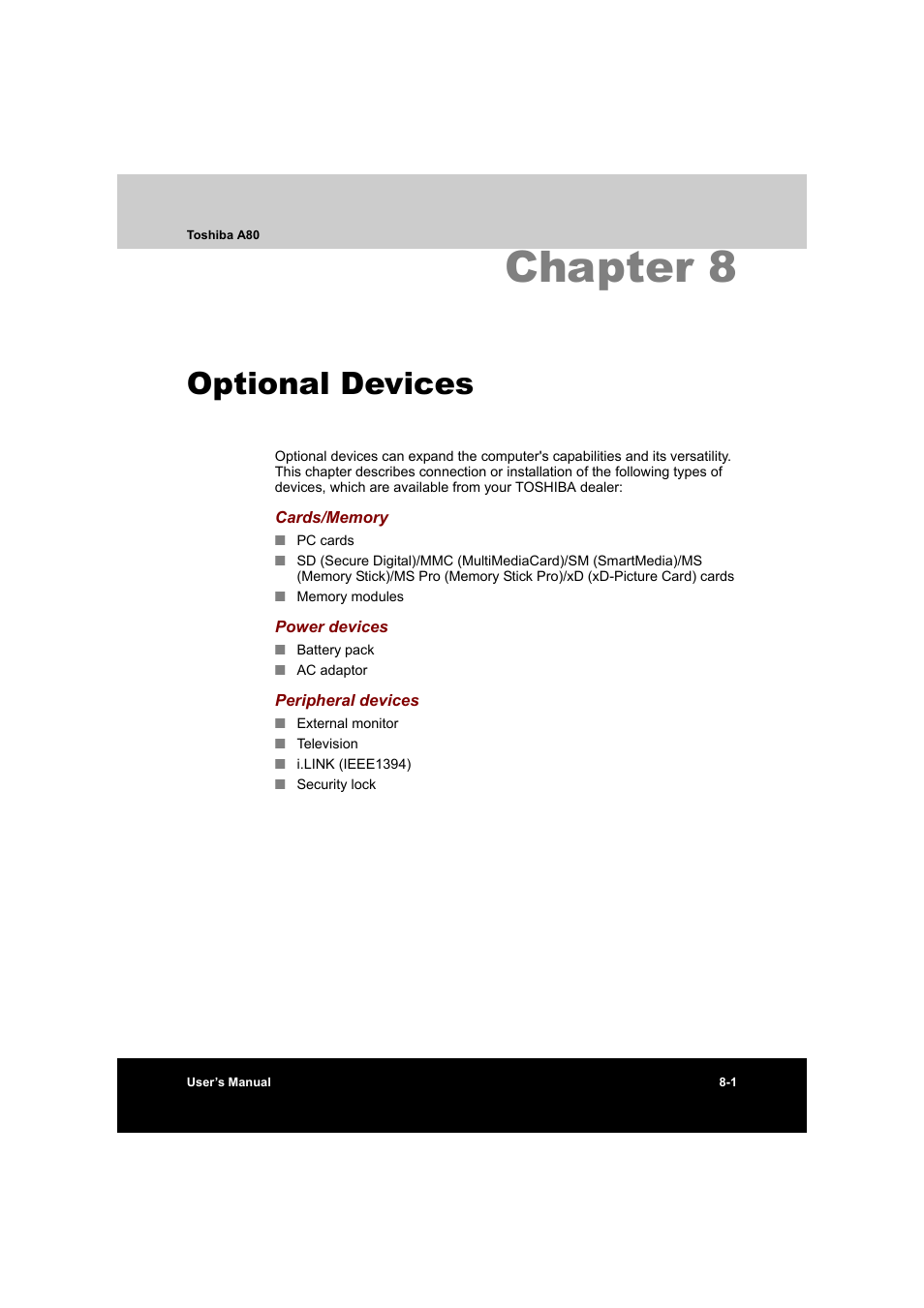 Chapter 8 optional devices, Chapter 8: optional devices, Chapter 8 | Optional devices | Toshiba Equium A80 User Manual | Page 131 / 176