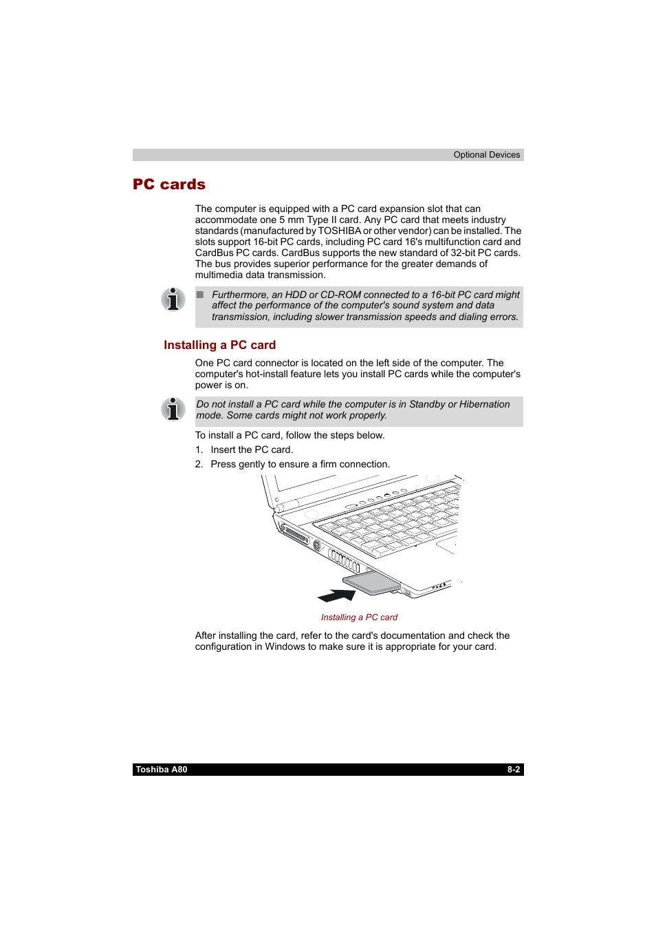 Pc cards, Pc cards -2, Installing a pc card -2 | Toshiba Equium A80 User Manual | Page 132 / 176