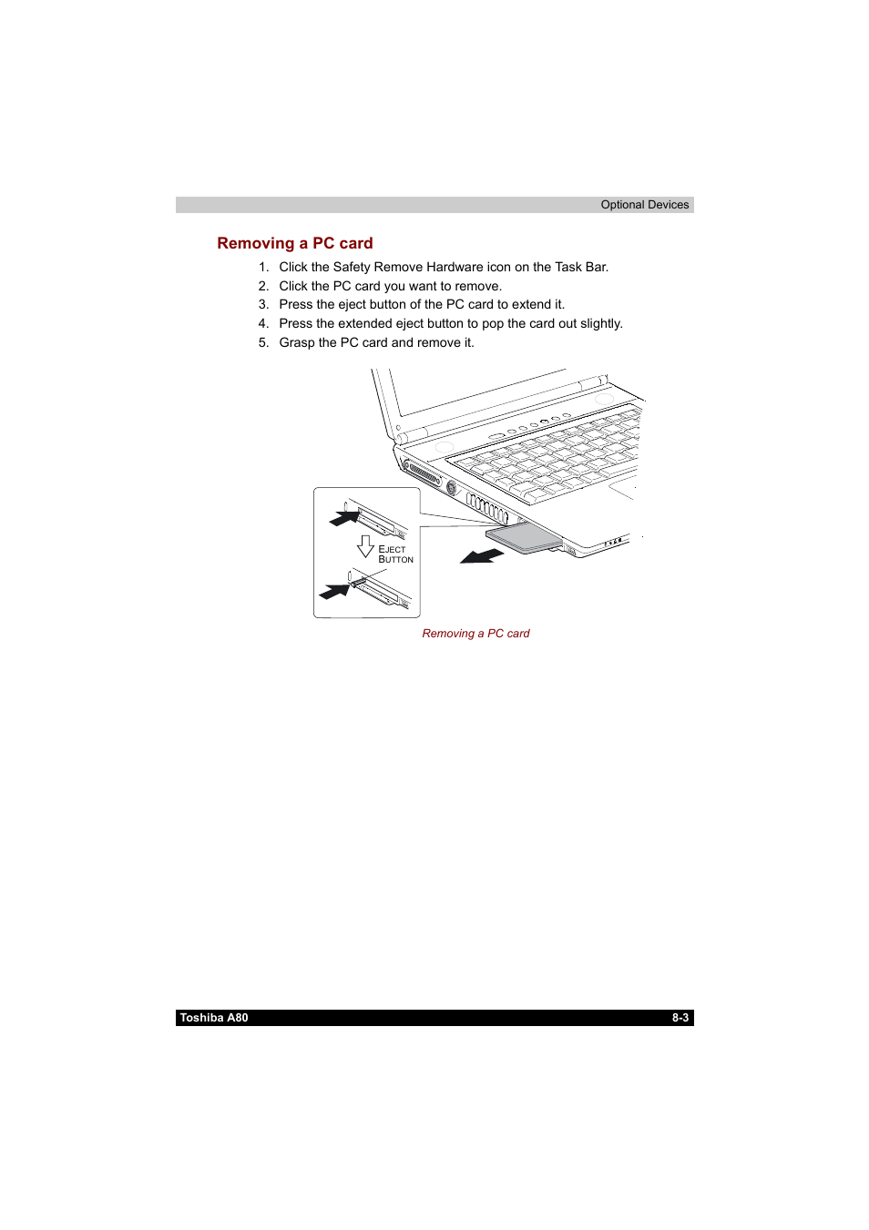 Removing a pc card -3, Removing a pc card | Toshiba Equium A80 User Manual | Page 133 / 176