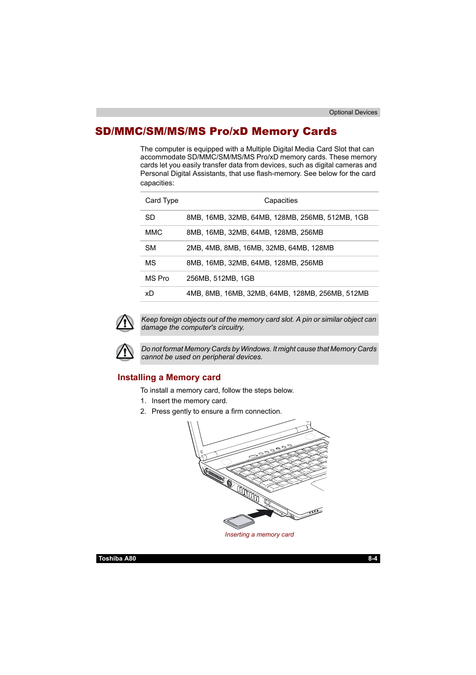 Sd/mmc/sm/ms/ms pro/xd memory cards, Sd/mmc/sm/ms/ms pro/xd memory cards -4, Installing a memory card -4 | Toshiba Equium A80 User Manual | Page 134 / 176