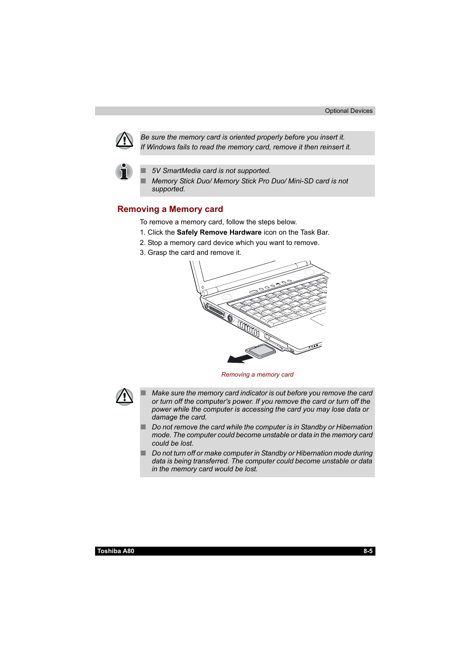 Removing a memory card -5 | Toshiba Equium A80 User Manual | Page 135 / 176