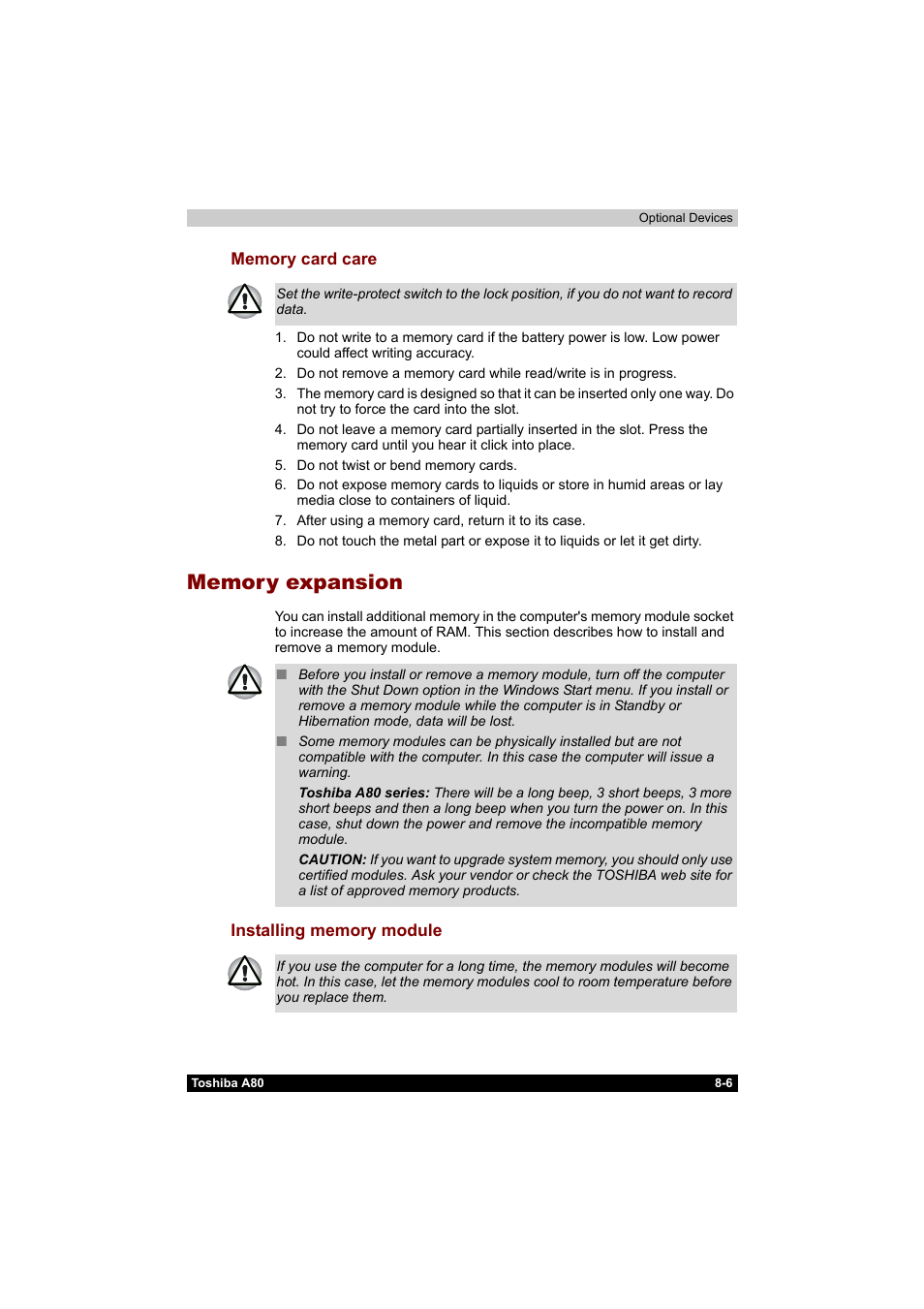 Memory expansion, Memory card care -6, Memory expansion -6 | Installing memory module -6 | Toshiba Equium A80 User Manual | Page 136 / 176