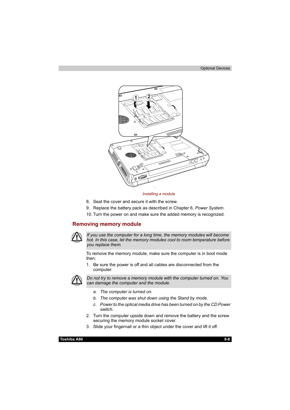 Removing memory module -8 | Toshiba Equium A80 User Manual | Page 138 / 176