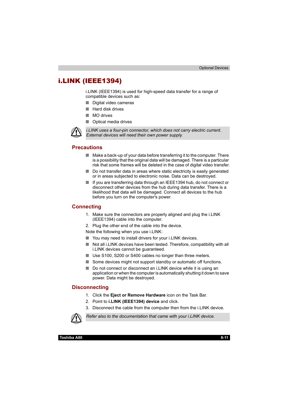 I.link (ieee1394), I.link (ieee1394) -11, Precautions -11 connecting -11 disconnecting -11 | Toshiba Equium A80 User Manual | Page 141 / 176